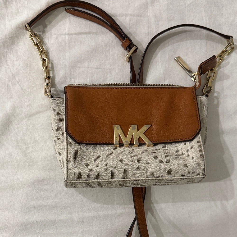 Michael Kors Crossbody Bag in Brown and Cream with Gold-Tone Hardware